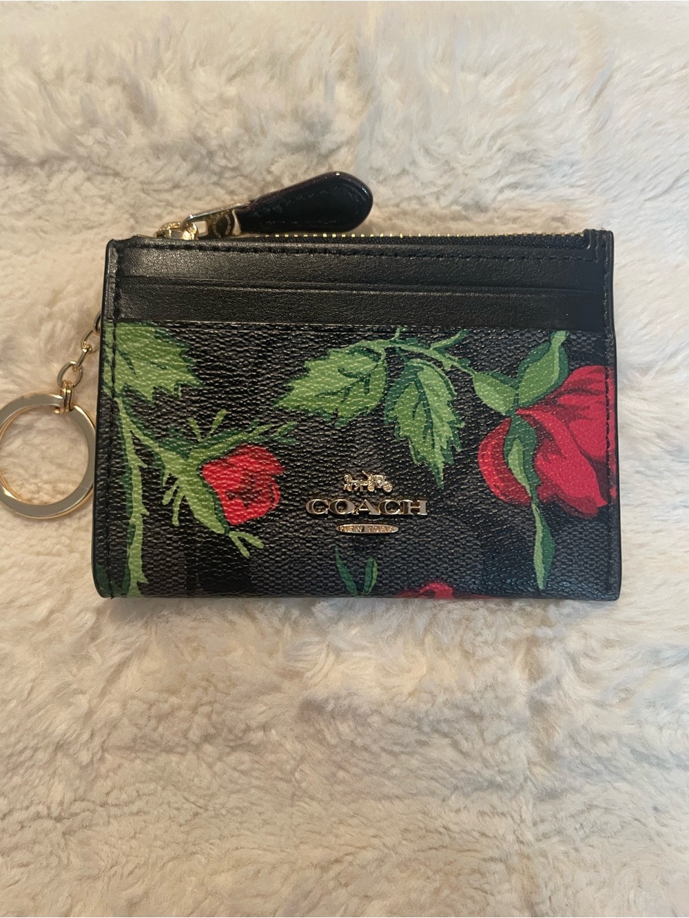 COACH ID Black Floral Card Case with Keyring